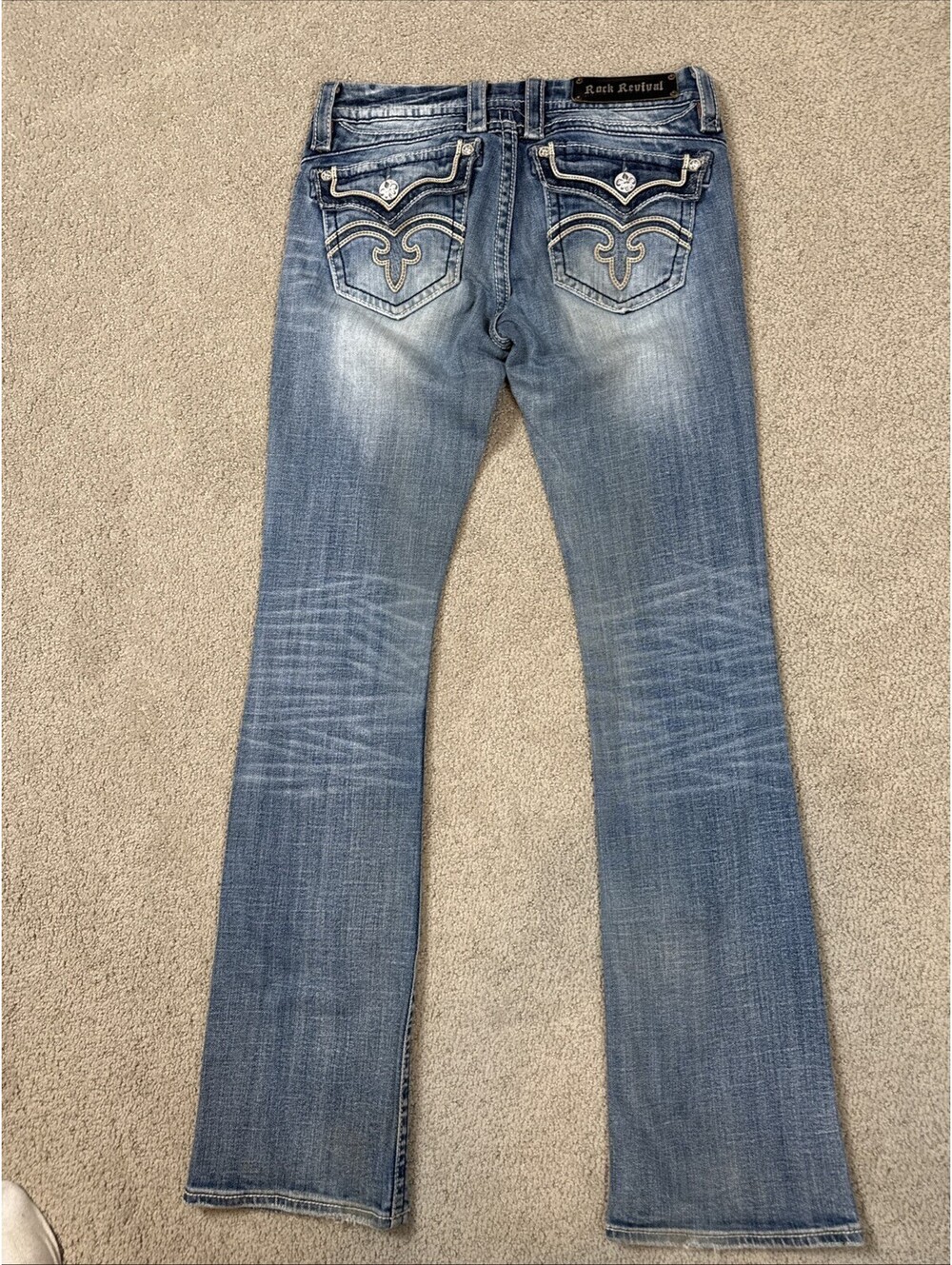 Rock Revival Anja Bootcut Jeans Embellished Pockets Y2K Mid Rise Size 28 Waist